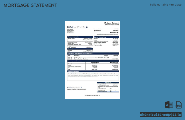 Liechtenstein Bank Alpinum Hypothekenabrechnung Word- und PDF-Beispielvorschau